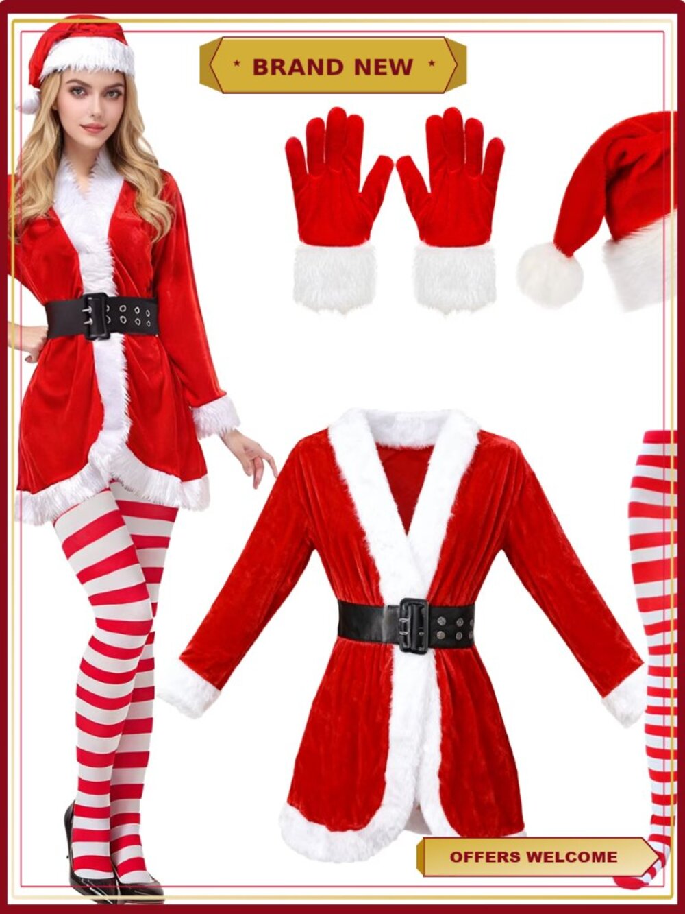 Mrs. Claus Costume Women Christmas Santa Outfit Jacket Dress Hat Belt Gloves